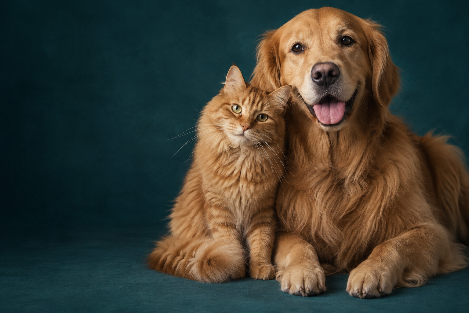 A golden retriever and ginger cat sitting together
